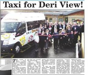 Rotarians Brian Roussel, Clive Howells and Mike Kneath pictured in front of the new minibus with pupils of Deri View School